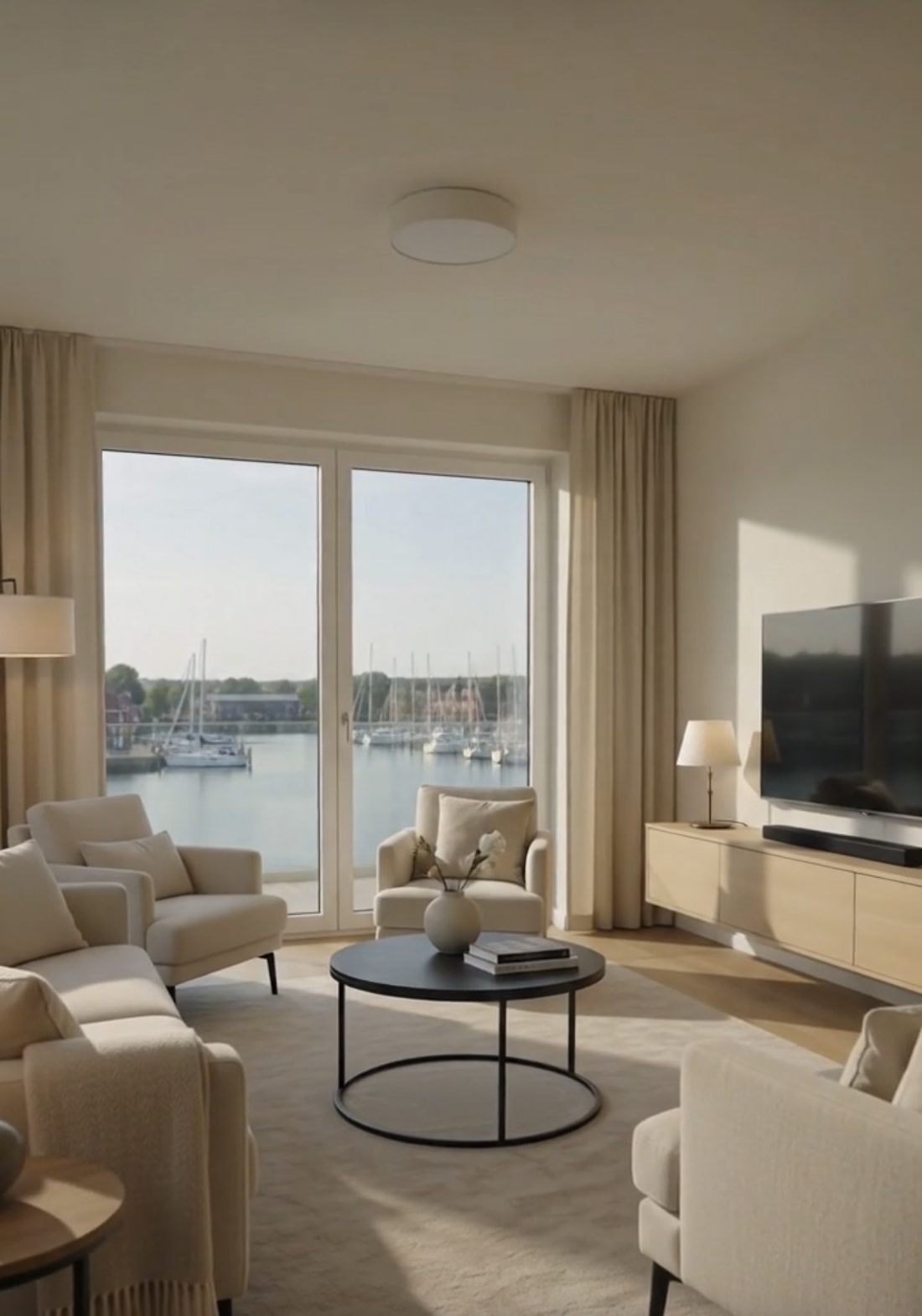 Wohnzimmer mit Blick auf die Marina